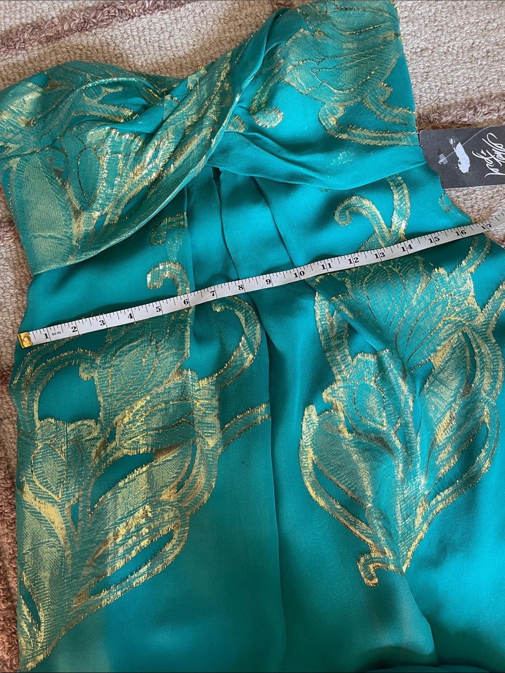 NWT Silk Nicole Miller Teal Strapless Maxi Dress Gold Foil Detail Size 6 - Picture 10 of 14